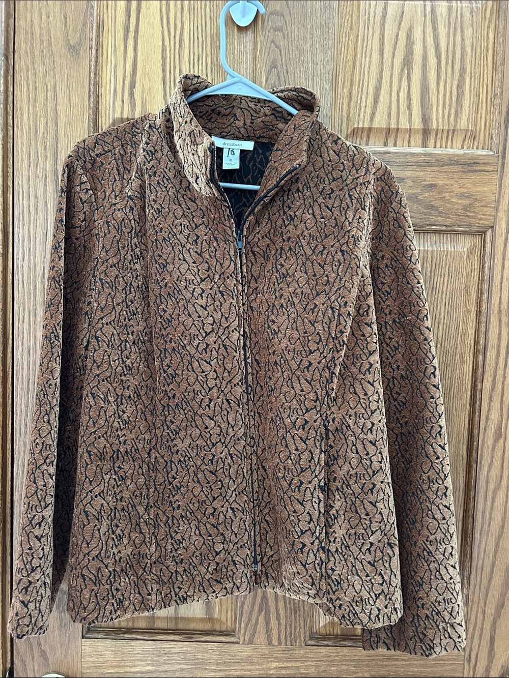 Dress Barn Brown Patterned Teddy Zip Jacket